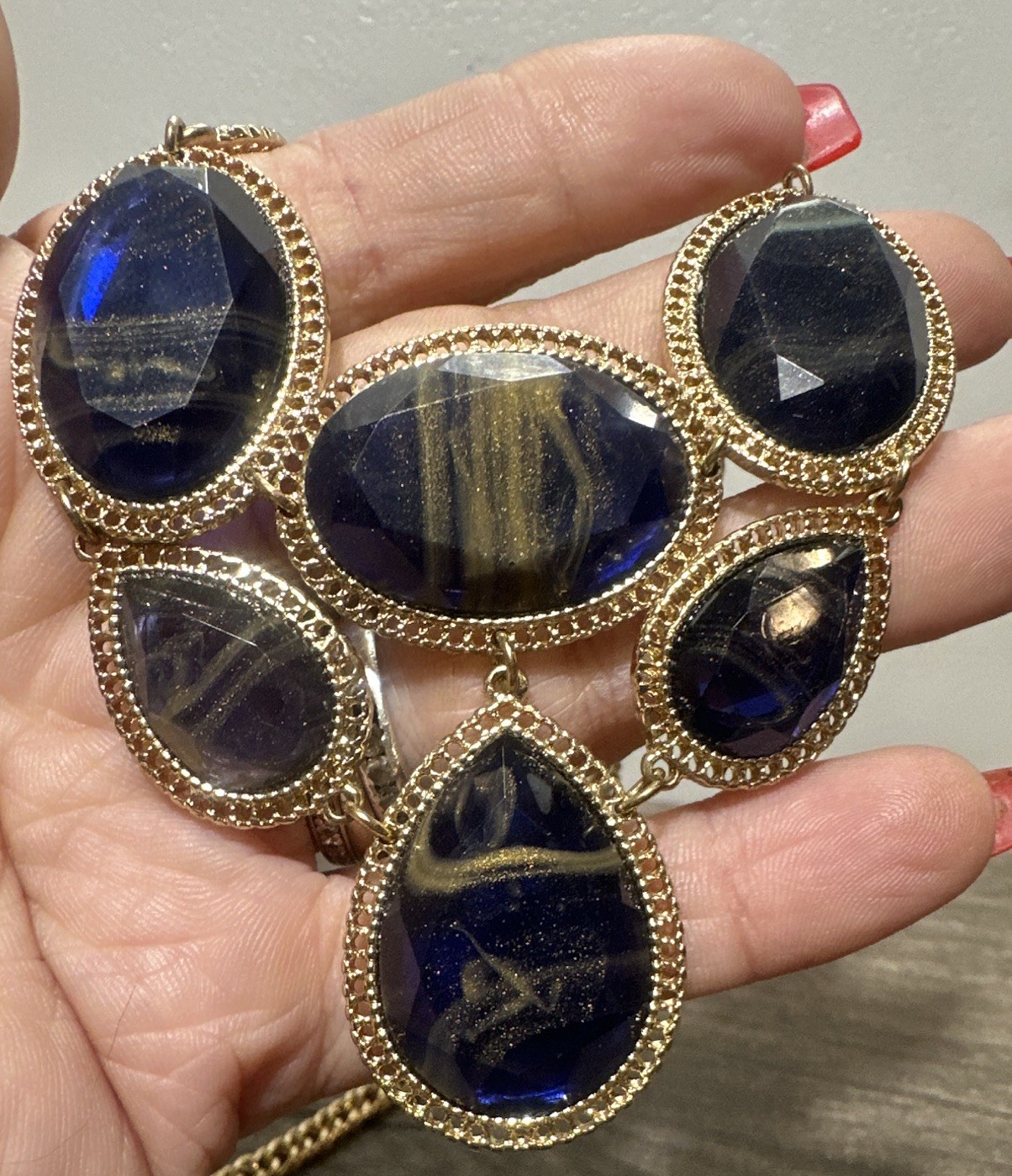 Gold Tone Blue & Gold Marble Faceted Oval Bezel Statement Necklace Adjustable