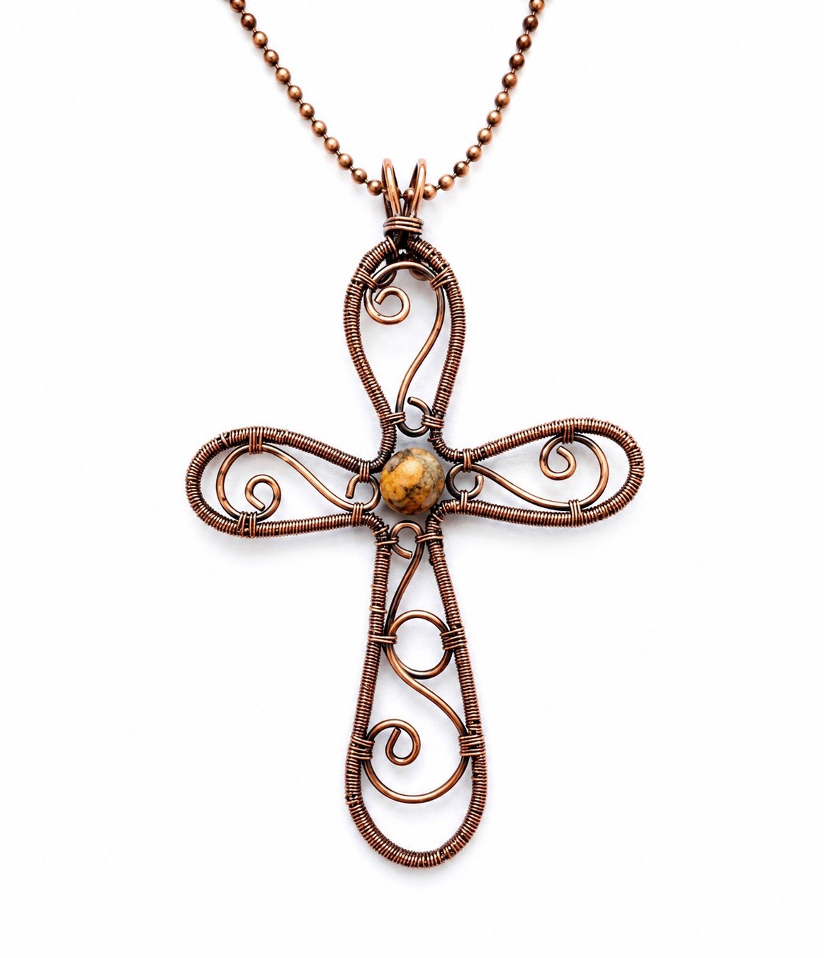 Handmade Copper Wire Wrapped Cross Pendant Necklace w Jasper Bead Artisan Boho