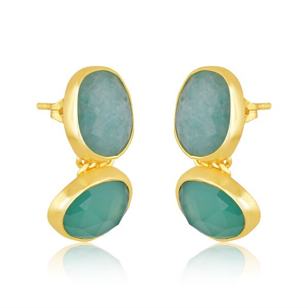 Double Stone Stud Earrings Gold Plated Unshape Stud In Amazonite & Green Onyx