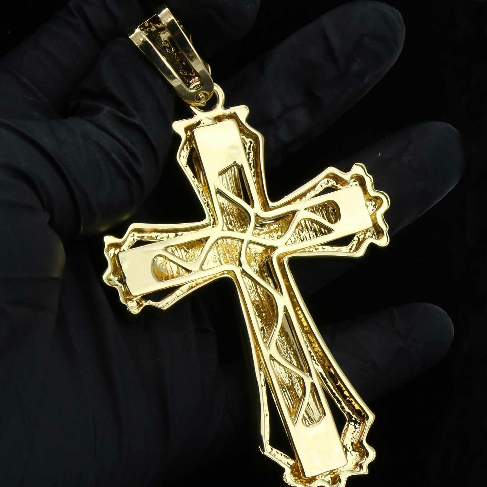 Hip Hop Gold Plated Large HOLLOW CROSS Pendant Cubic-Zirconia 30″ Cuban Chain