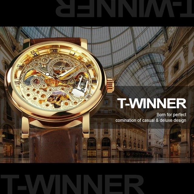 Jacob Transparent Gold Skeleton Mechanical Watch Casual Leather Strap Men