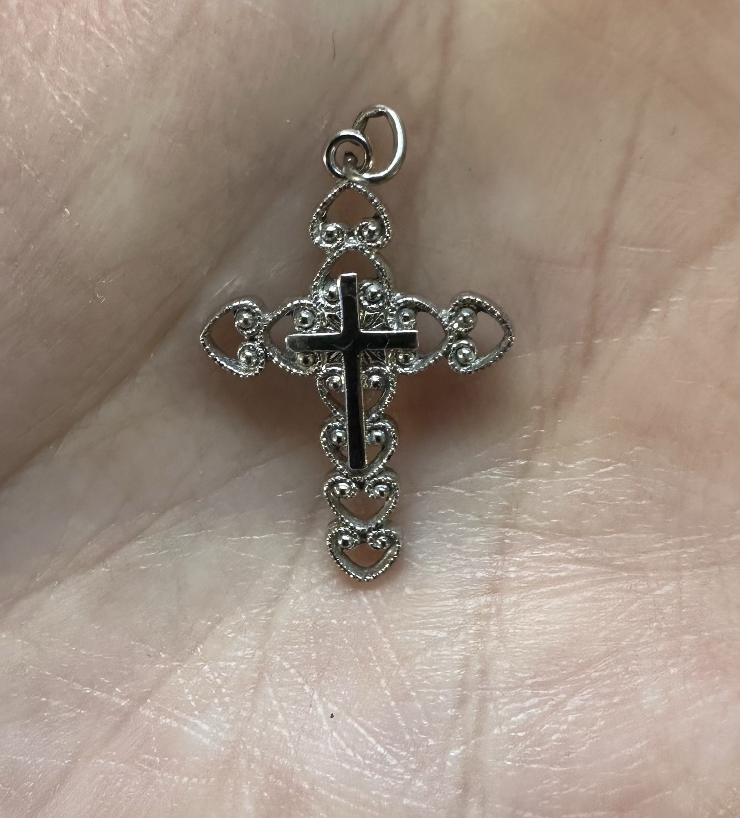Small Dainty Cross Pendant W Filigree Stamped Makers Mark Religious