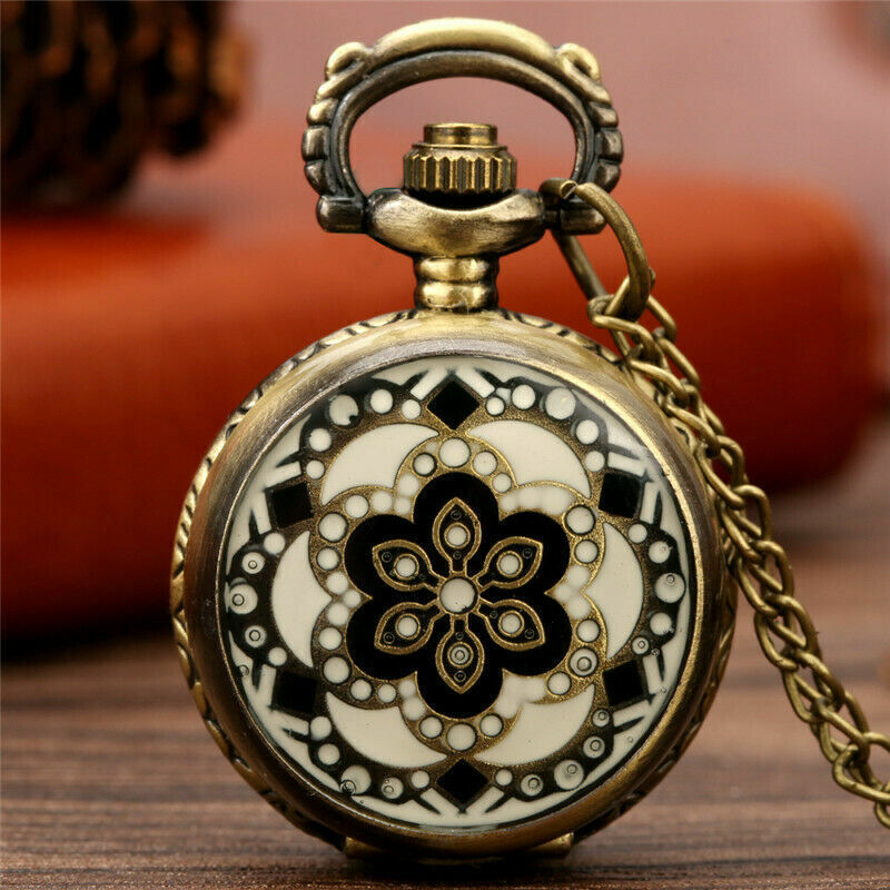 Mini Bronze Flower Case Quartz Pocket Watch Gift for Women 80CM Necklace Chain