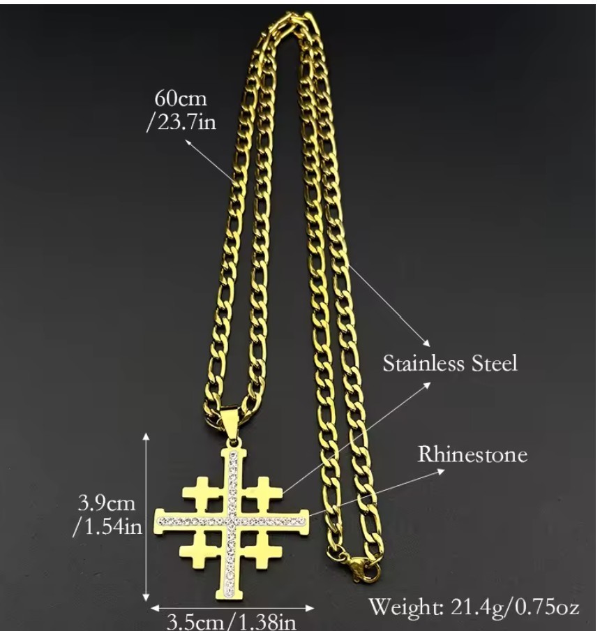 Stainless Steel Jerusalem Cross pendant with Rhinestones + 60cm (23.7in) chain