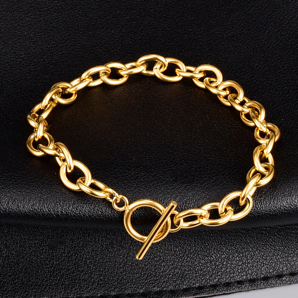 Woman 18K Gold Plated Stainless Steel Rolo Link Chain Bracelet 8.3” Toggle