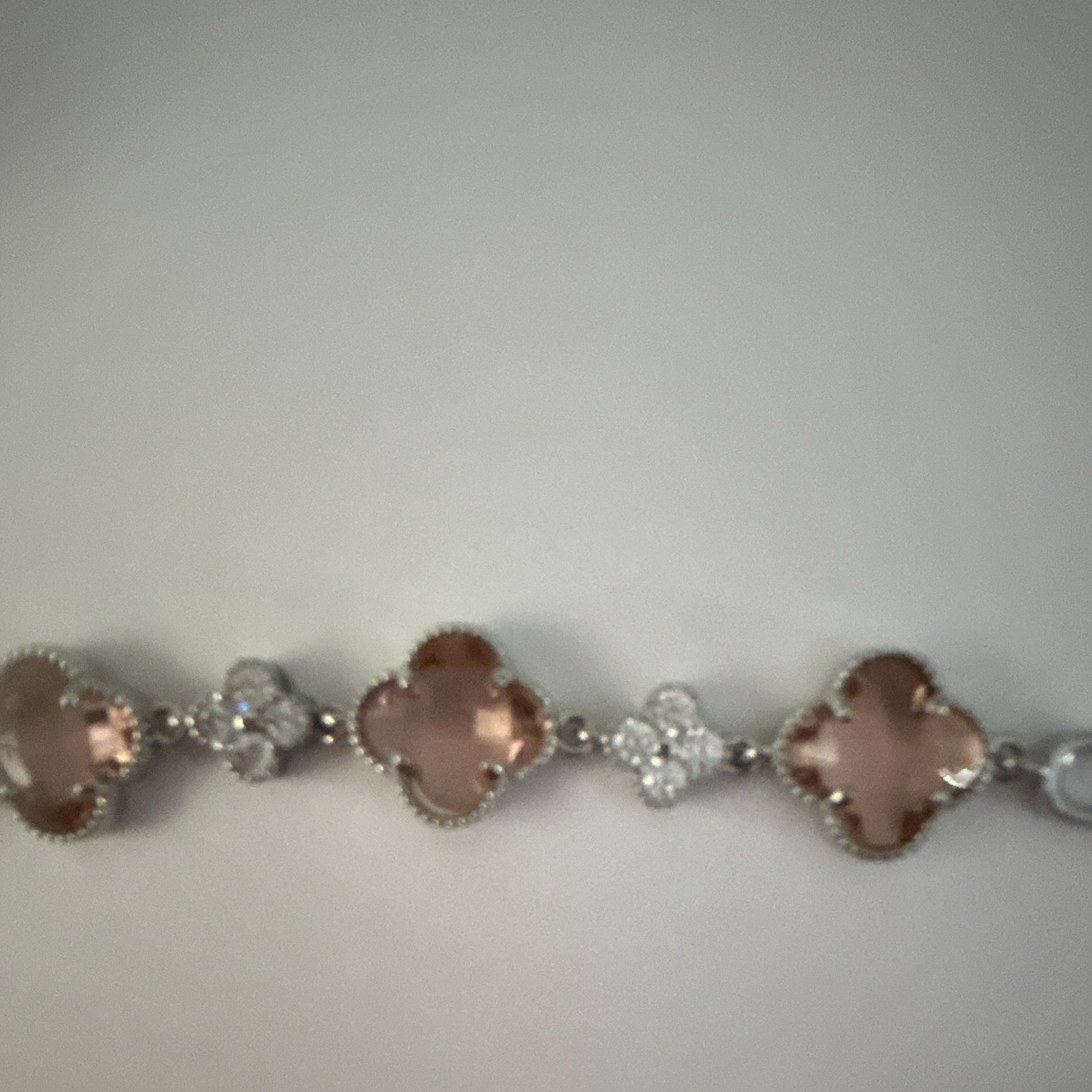 Silver Tone Pink Clover Stone Tennis Link Chain Bracelet with Clear Accents