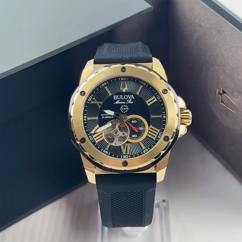Bulova Marine Star A 98A272 Men’s Automatic Watch Black Gold Dial Silicone Strap