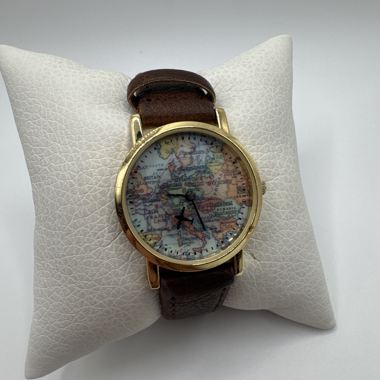 Charming Charlie Ladies World Map Quartz Watch 30mm Round Gold Tone Brown Faux
