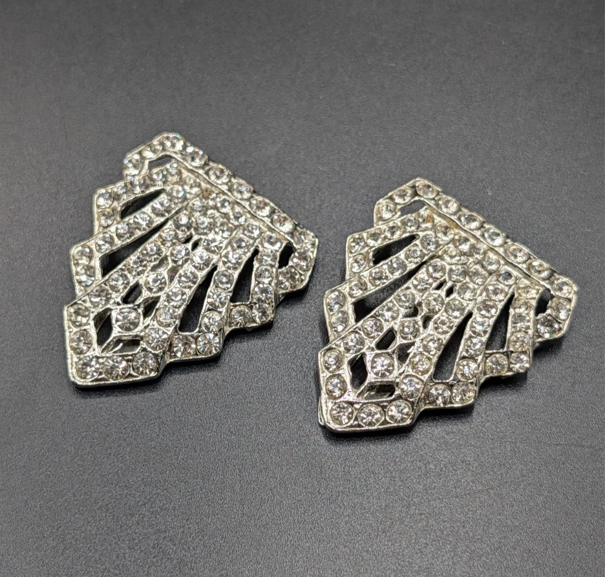 Pair of Vintage Art Deco Style Silver Tone Rhinestone Dress Clips