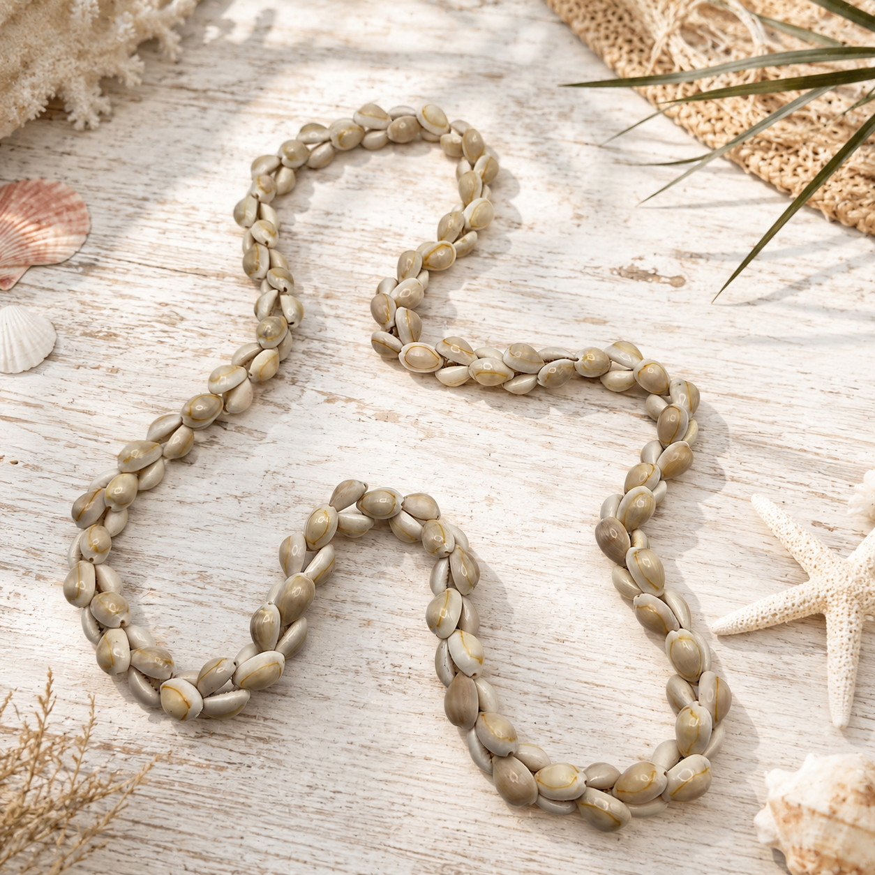 Natural Cowrie Shell Necklace 36 In Continuous Strand Boho Beach 18mm