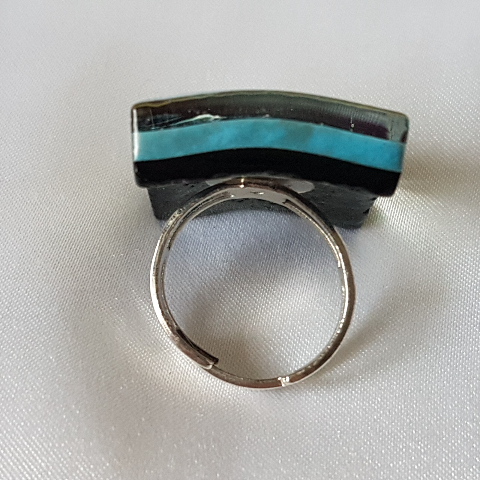 Ring ~ Blue, Brown, Yellow Stripes ~ Glass & Chrome ~ UK Size M 1/2 (Adjustable)