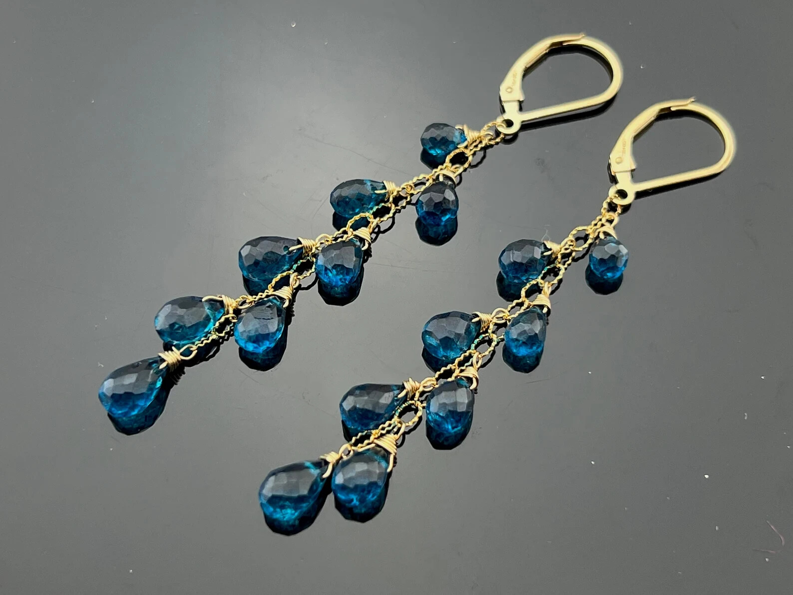 Genuine London Blue Topaz Cascade 14K Gold Filled Dangle Leverback Earrings