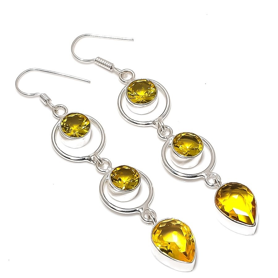 Yellow Citrine Gemstone Handmade 925 Starling Silver Jewelry Earring Size 3″