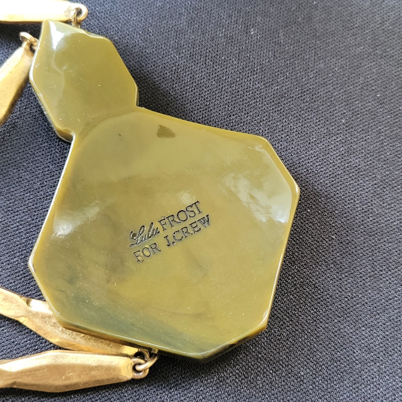 Lulu Frost For J Crew Olive Green Perfume Bottle Necklace Gold Tone