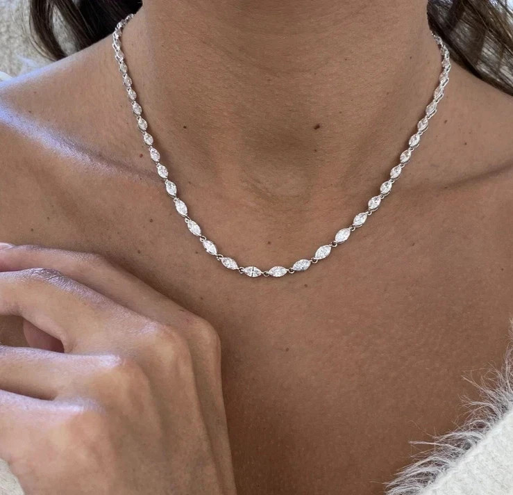 9.3CT Marquise Lab Created Diamond Women’s Tennis Necklace 14K White Gold Finish