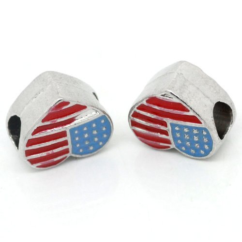 One(1)”American Flag Heart Charm” Spacer Beads for European Snake Chain Bracelet