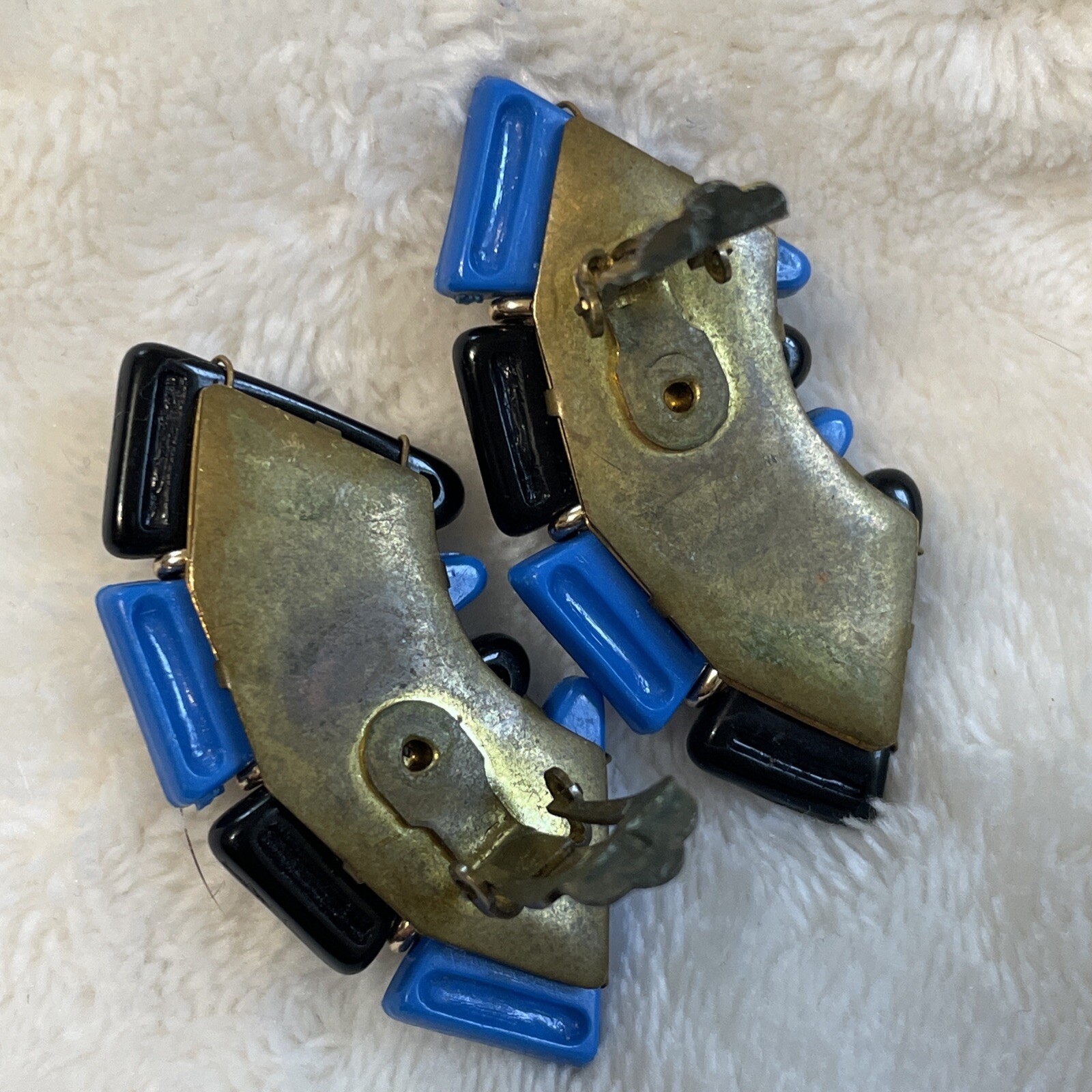 Western Germany Earrings VTG Signed Lucite Blue Black Gold Beaded Nice Clip Rare