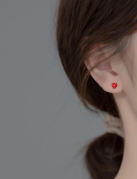 Unisex Silver Tiny Green Leaf Red Strawberry Stud Earrings