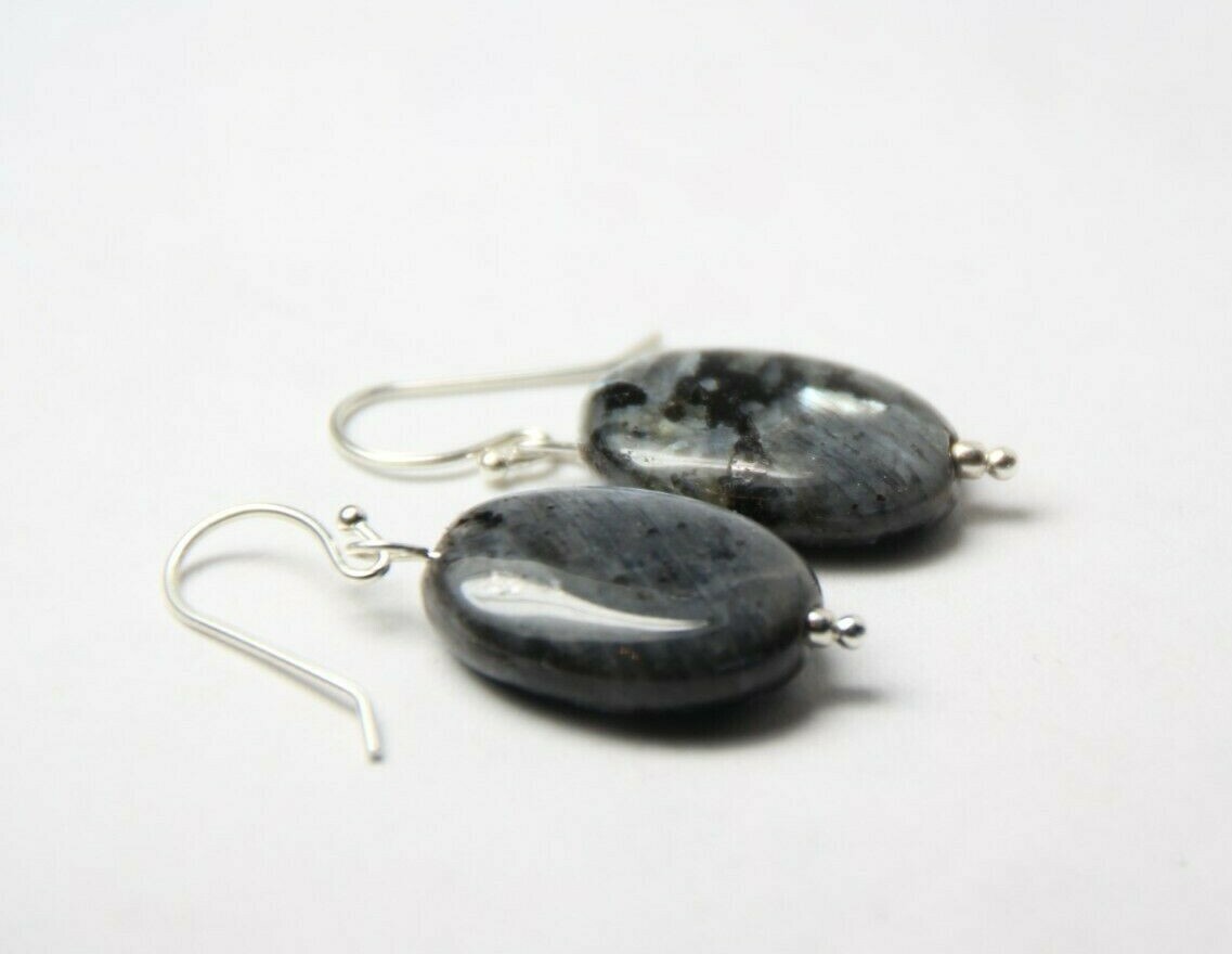 Larvikite Black Labradorite 13x 18mm Oval Gemstone .925 Sterling Silver Earrings