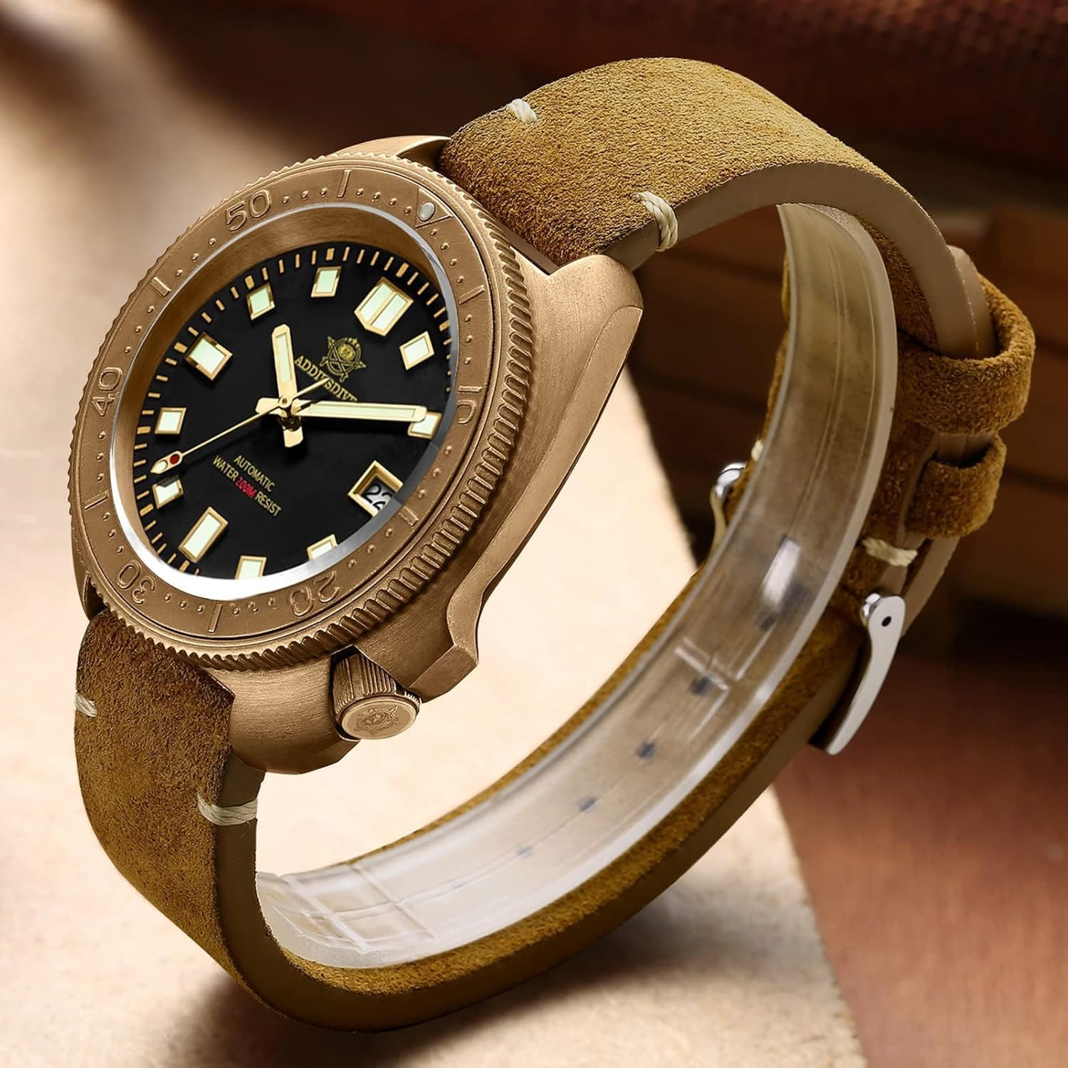 Men’s Vintage Bronze Dive Watch 200M Waterproof with Suede Leather Strap