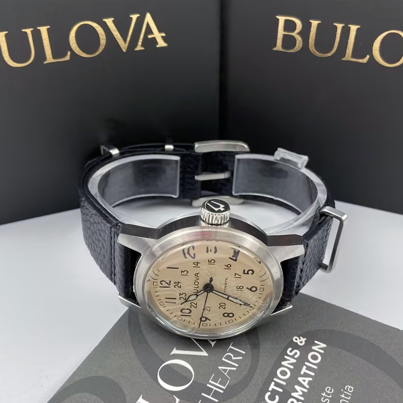 Bulova Special Edition 96A246 White Dial Black Leather Men Automatic Watch 38MM