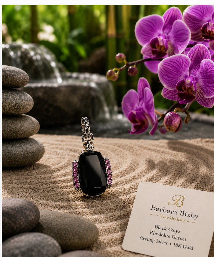 Barbara Bixby Black Onyx Cushion Cabochon Rhodolite Garnet Enhancer 925 18K NIB