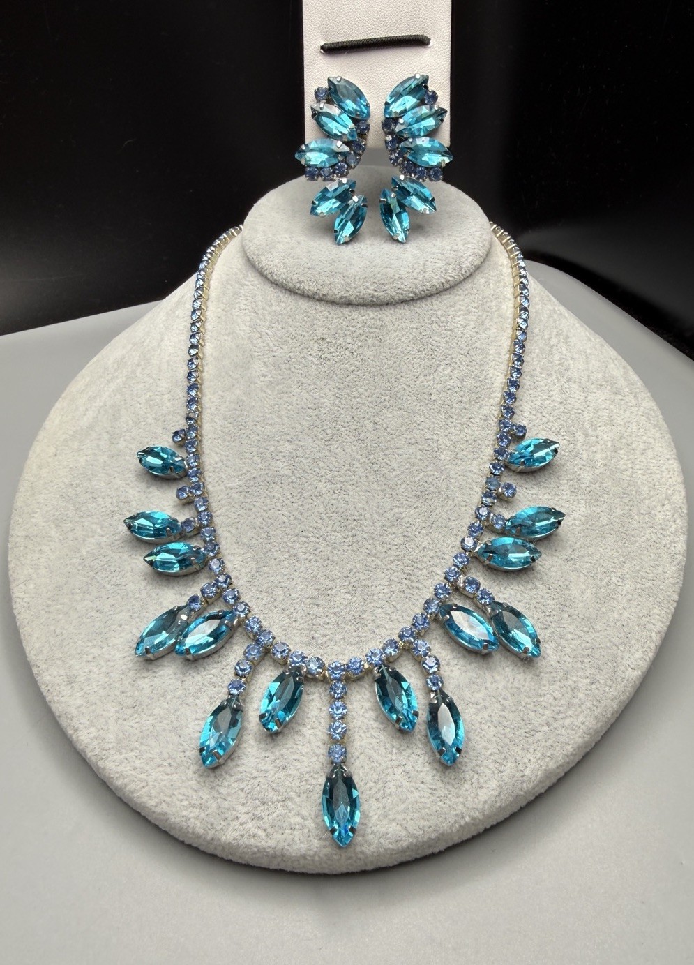 Necklace & Clip On Earrings Set Aqua Blue Rhinestone Fringe Style VTG 17” 50-60s