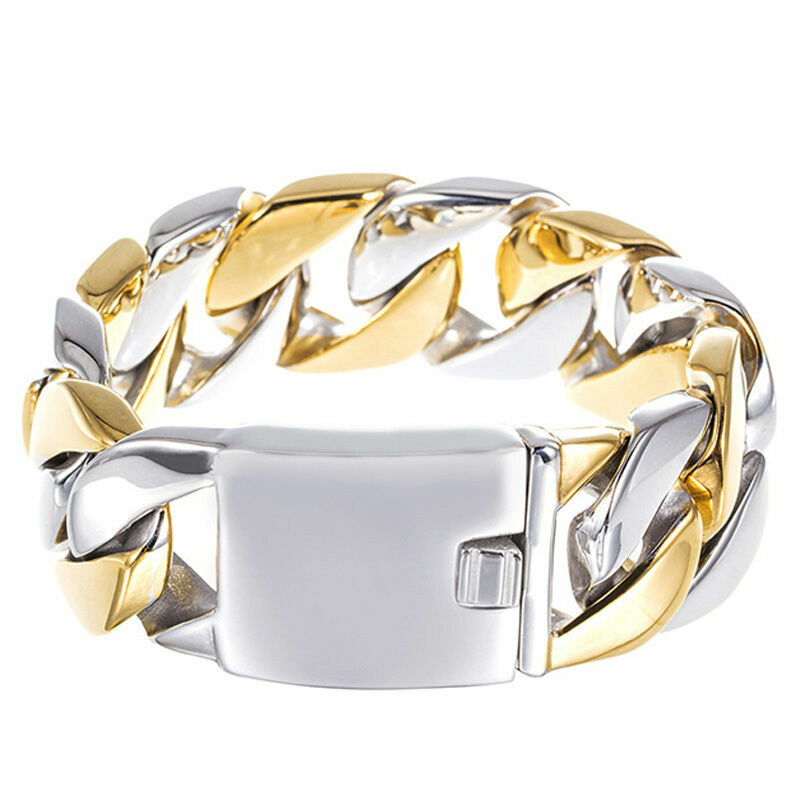 Heavy 170g Silver Gold 316L Stainless Steel Men’s Curb Cuban Bracelet 8.5″x24mm
