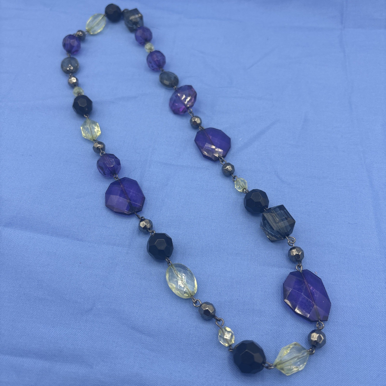 Plastic Beaded Statement Necklace Purple Gray Yellow Black Faceted Beads 24”