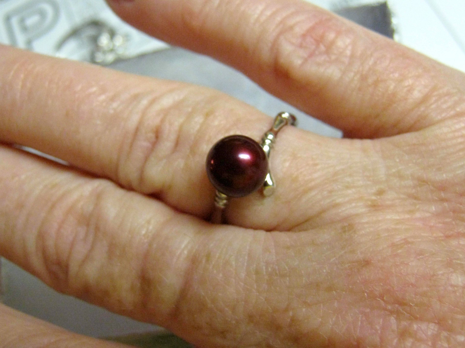 7.5-8m Cultured Pearl Ring Sterling Silver .925 Cranberry Wine Red Color