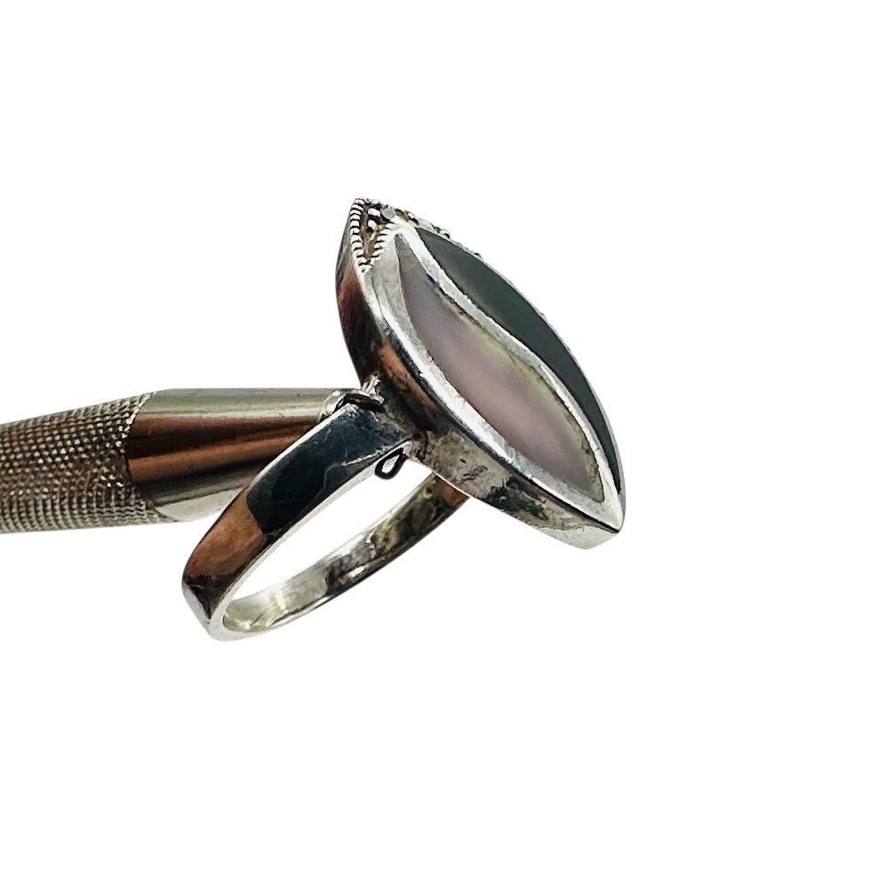 Onyx Mother of Pearl Marcasite Sterling Silver Ring | 7 | Blue, White, Silver |