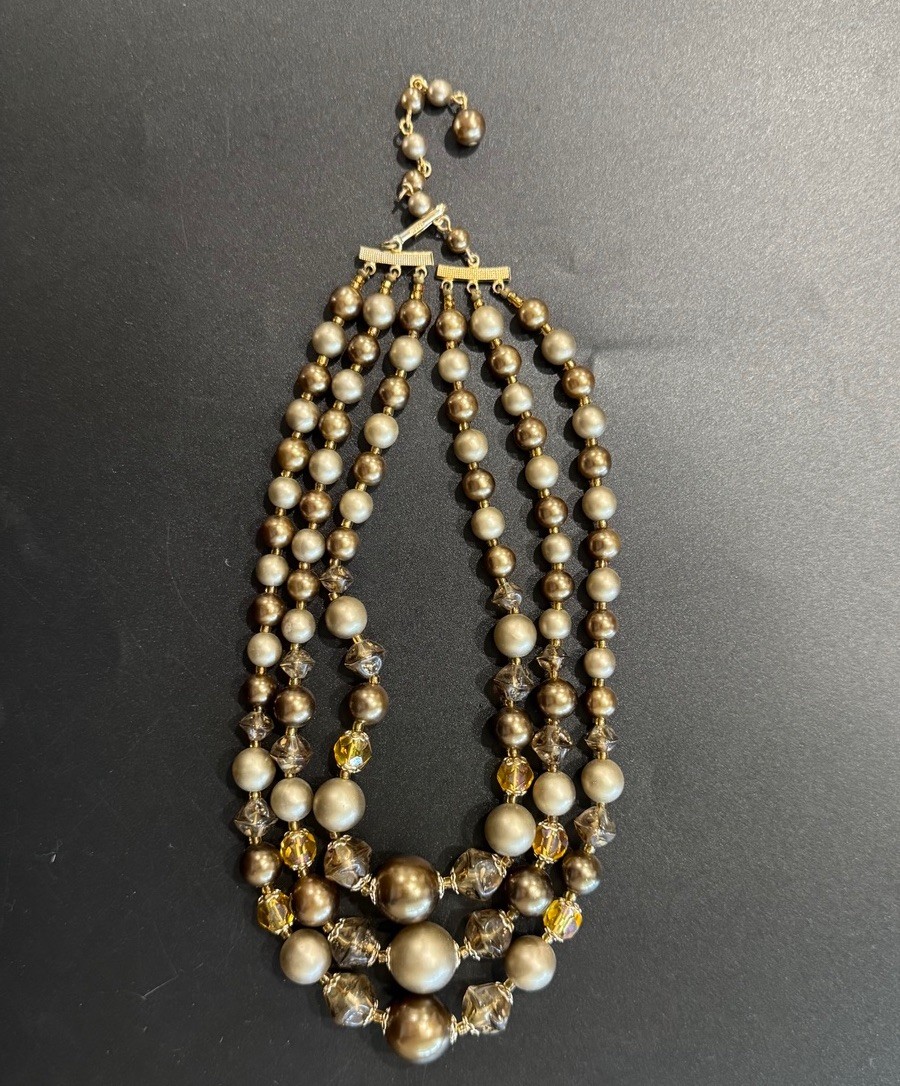 Vintage 3-Strand Simulated Pearl & Amber Bib Style Choker Statement Necklace