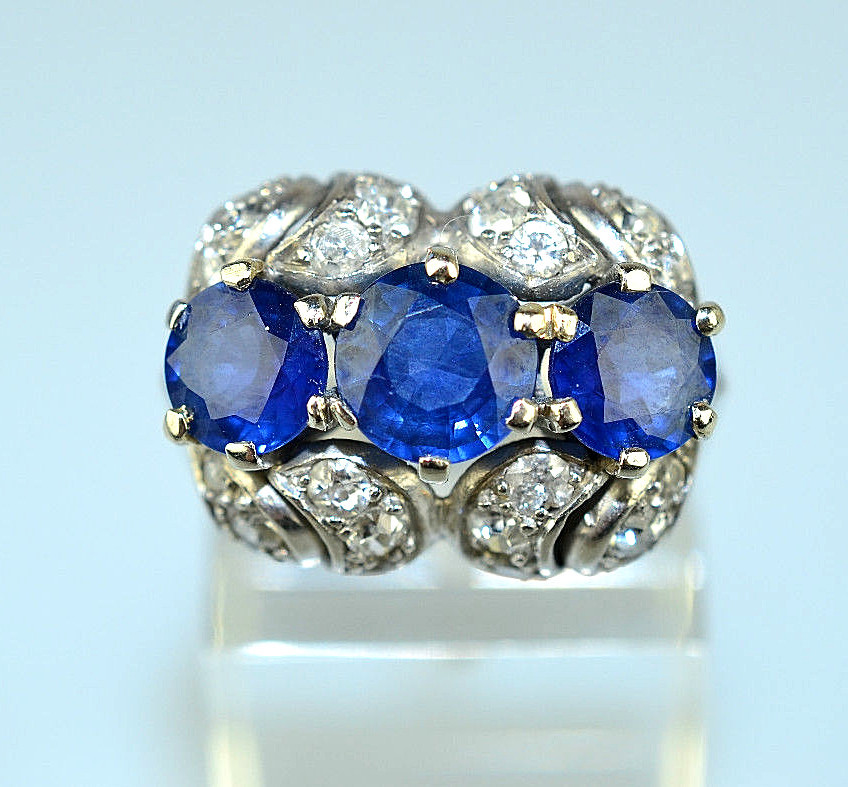VINTAGE 14K WHITE GOLD 3.30 CT 3 SAPPHIRE RING & DIAMOND ACCENTS $6450 APPRAISAL