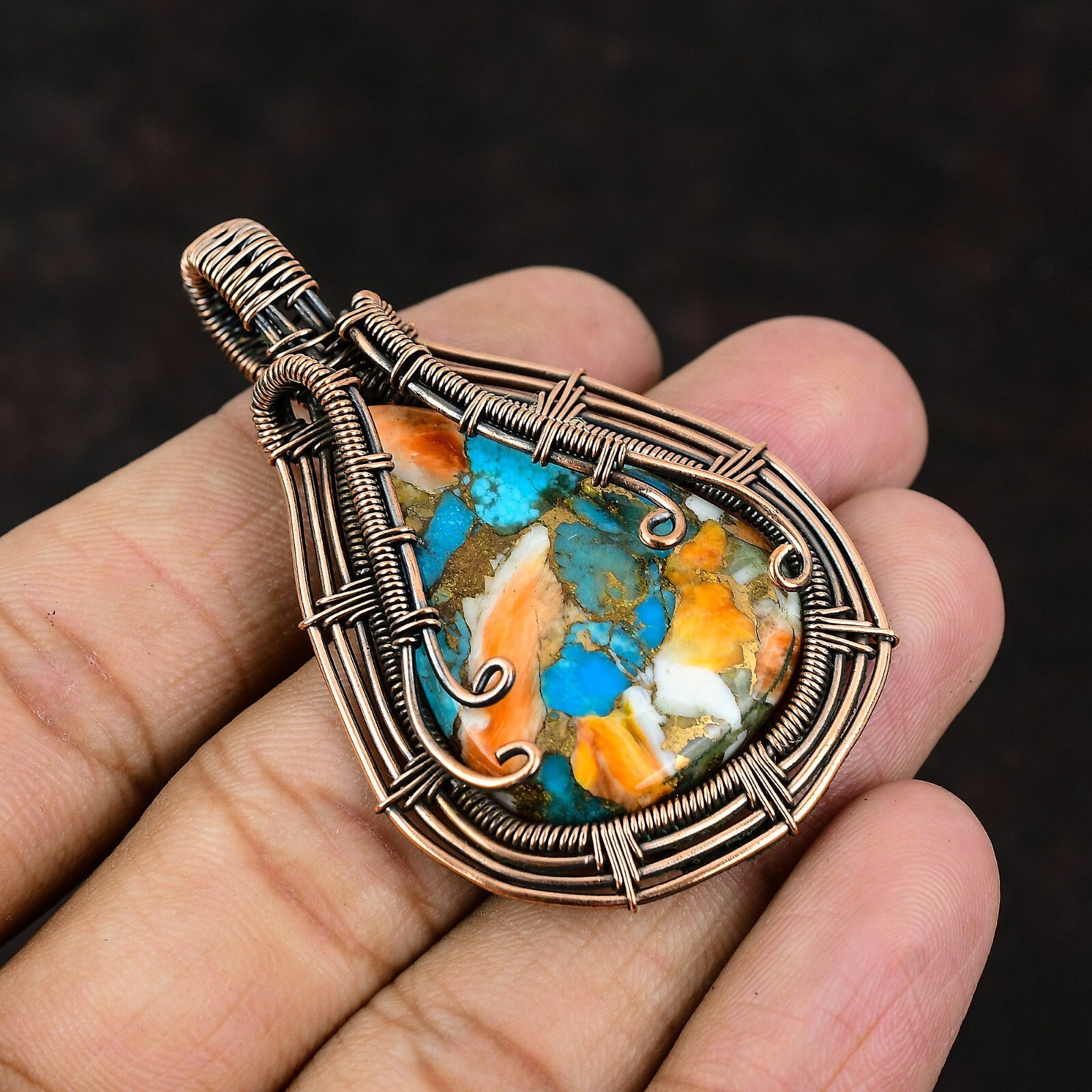 Spiny Oyster Turquoise Jewelry Copper Gift For Bestie Wire Wrapped Pendant 2.36″