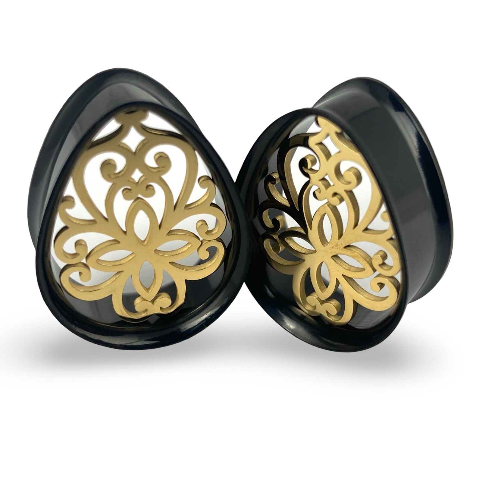 Pair Black Steel Teardrop Tunnels Gold Steel Inlay (PS-283) gauges plugs