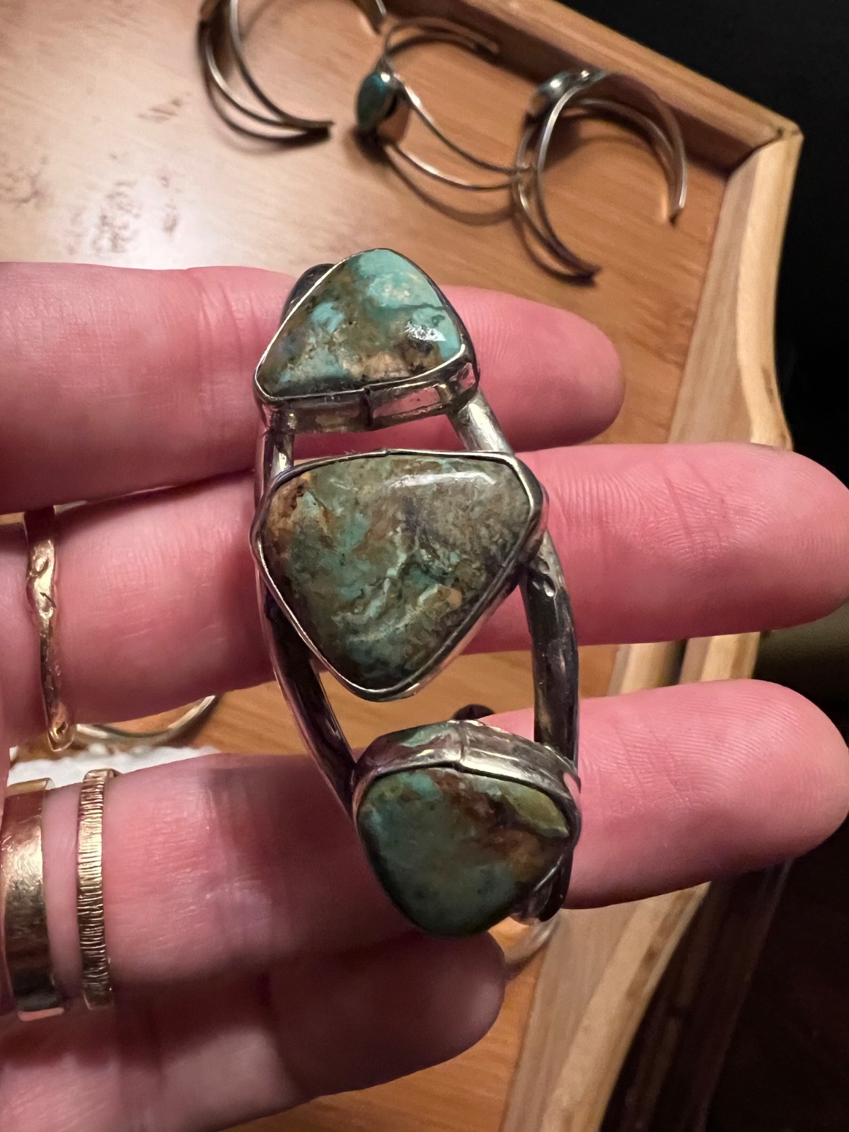 Real 3 Stone Turquoise, SW Alpaca Turquoise Cuff Adult- Medium Bracelet