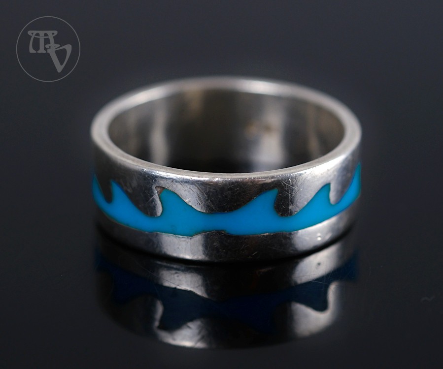 Band ring silver ring wave light blue 925 silver size 64 vintage second hand jewelry