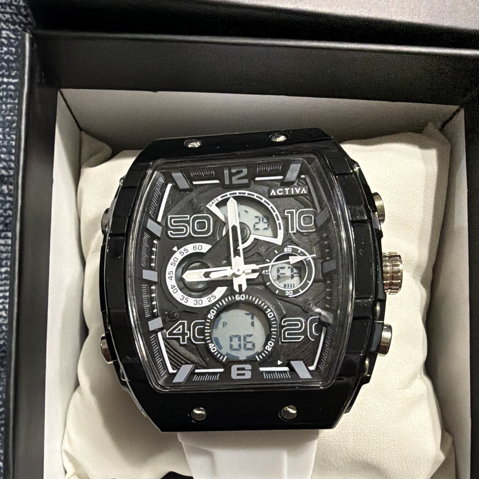 Activa 50103 Quartz Chronograph Ana-Digi 45mm Black Dial White Strap w/ Box