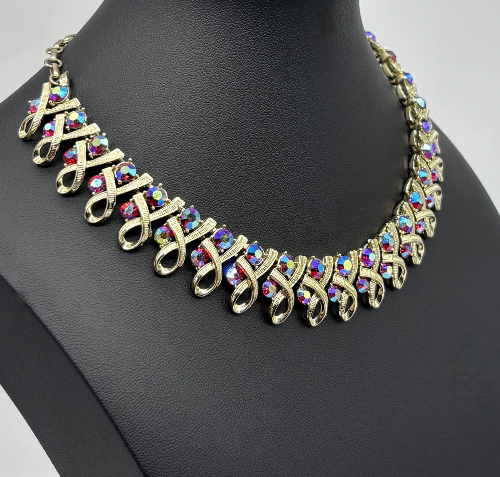 Vintage Mid Century Necklace Ribbon Link Design Gold Tone AB Rhinestone Unsigned