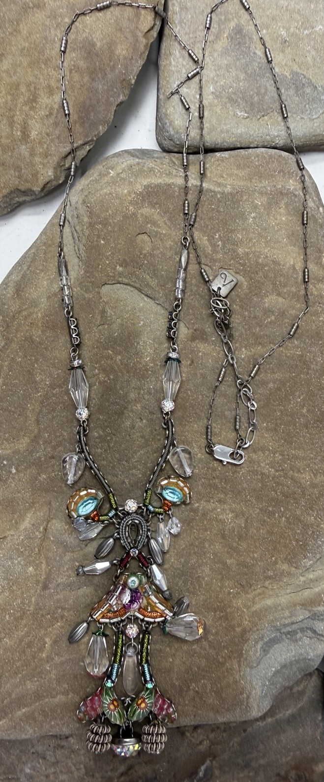 Gorgeous VTG Israeli Ayala Bar Artisan Boho Ornate Glass Beaded Dangly Necklace
