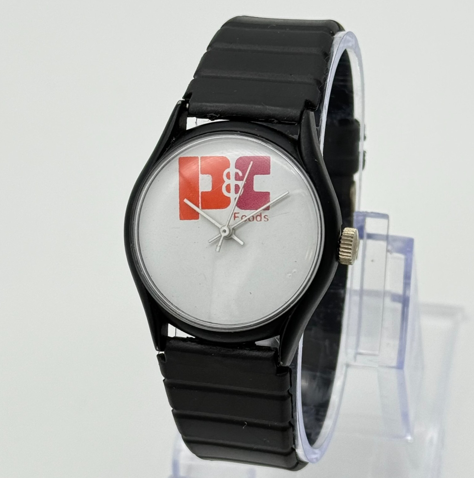 Vintage Men’s P&C FOODS Advertising Logo Mechanical Watch, 33mm, Black Case Runs