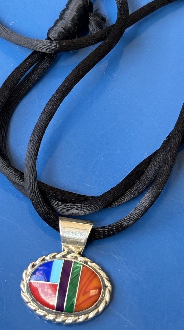 Vintage Sterling Silver AM Santa FE Pendant Necklace Southwestern Multi Stone 7g
