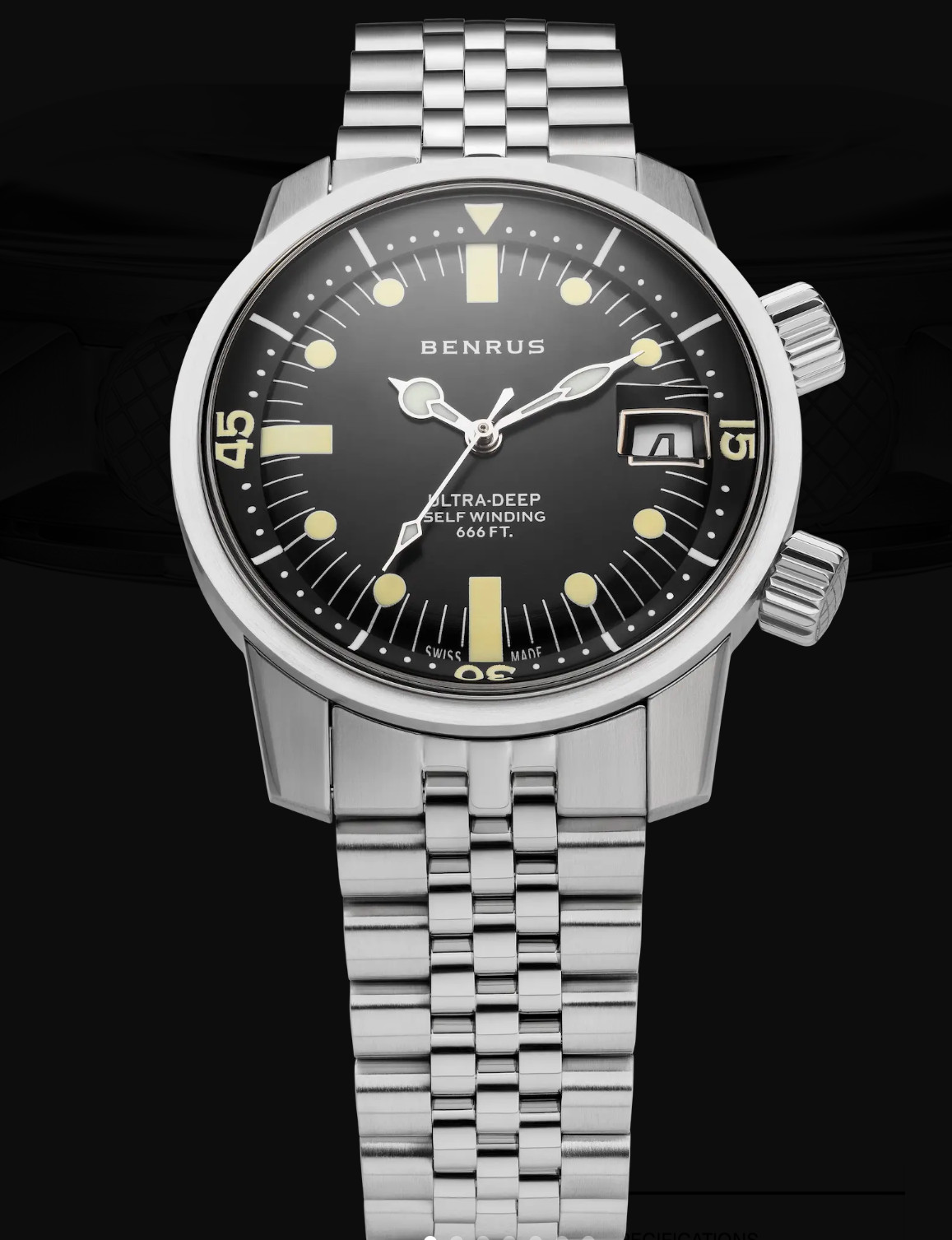 New BENRUS Ultra-Deep Vintage Style Swiss Automatic Dive Watch 36.5mm Black Dial