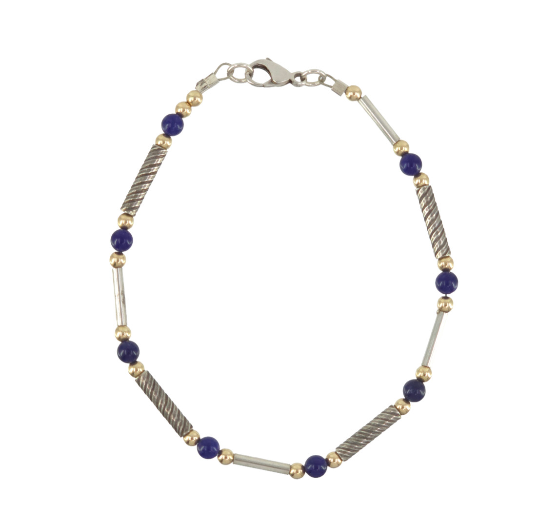 VINTAGE 4mm NATURAL LAPIS LAZULI BEADS 3mm 1OK GOLD BEADS and STERLING BRACELET