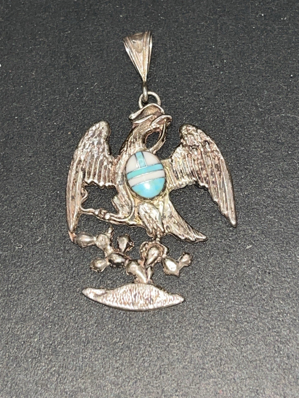 Vtg Mexico 925 Sterling Silver Eagle Pendant Turquoise Mosaic Inlay Apprx 2” 10g