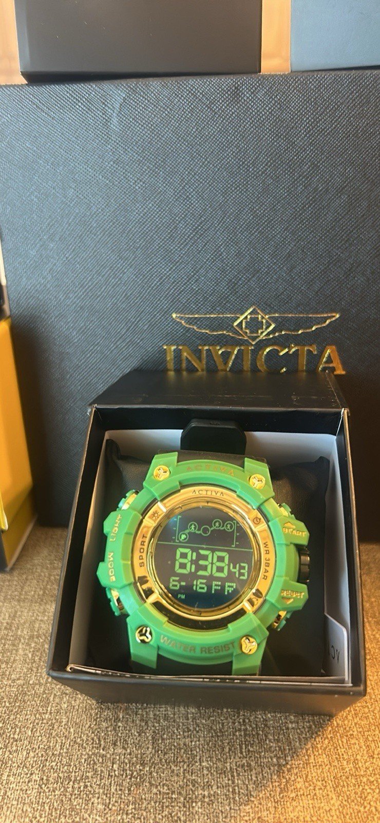 Invicta Activa Men’s Digital Quartz Sport Green/Gold Black Rubber Strap w/ Box