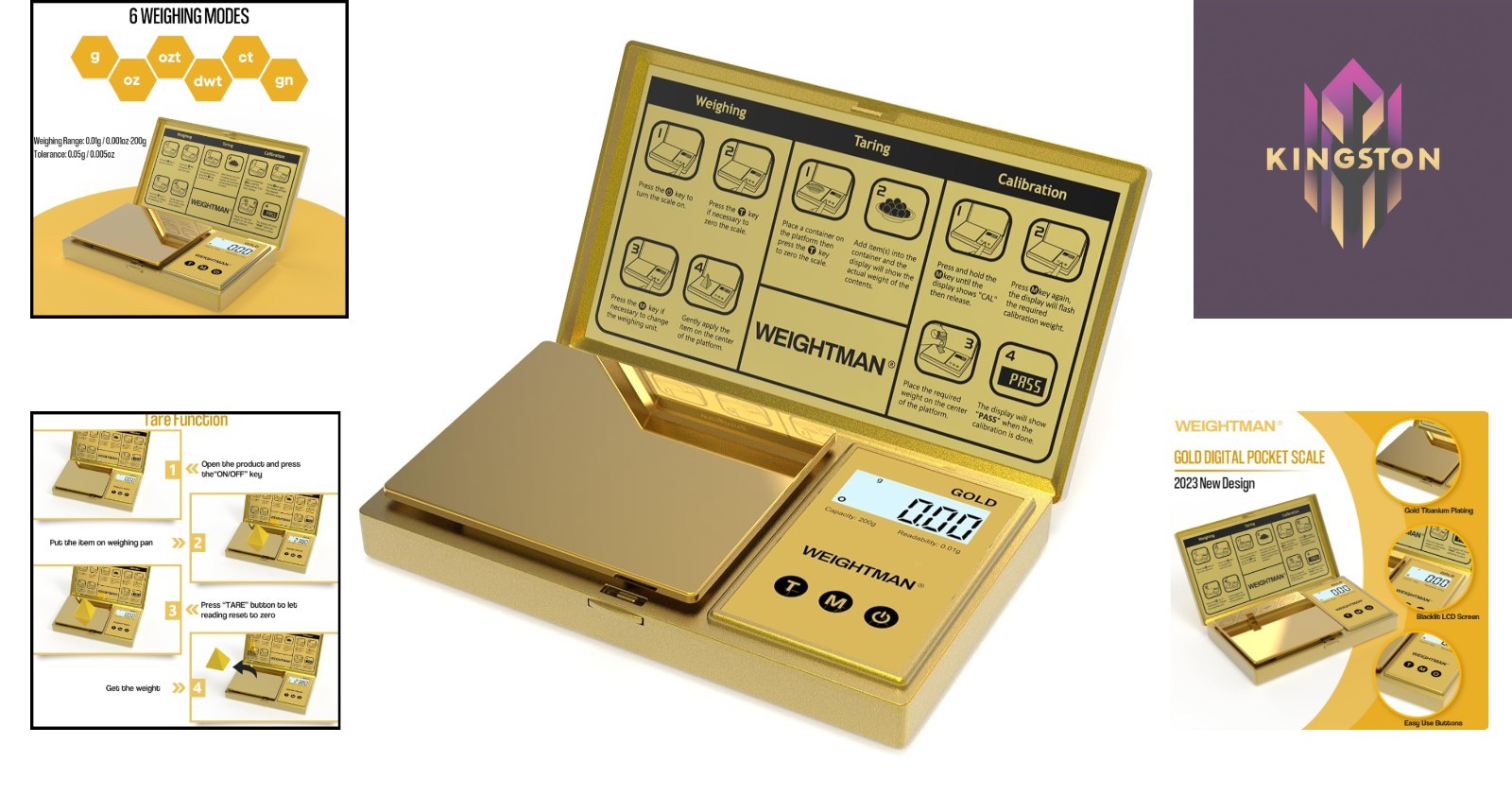 Stylish Gold Mini Scale: Accurate Weighing Up To 200g, Tare Function Included