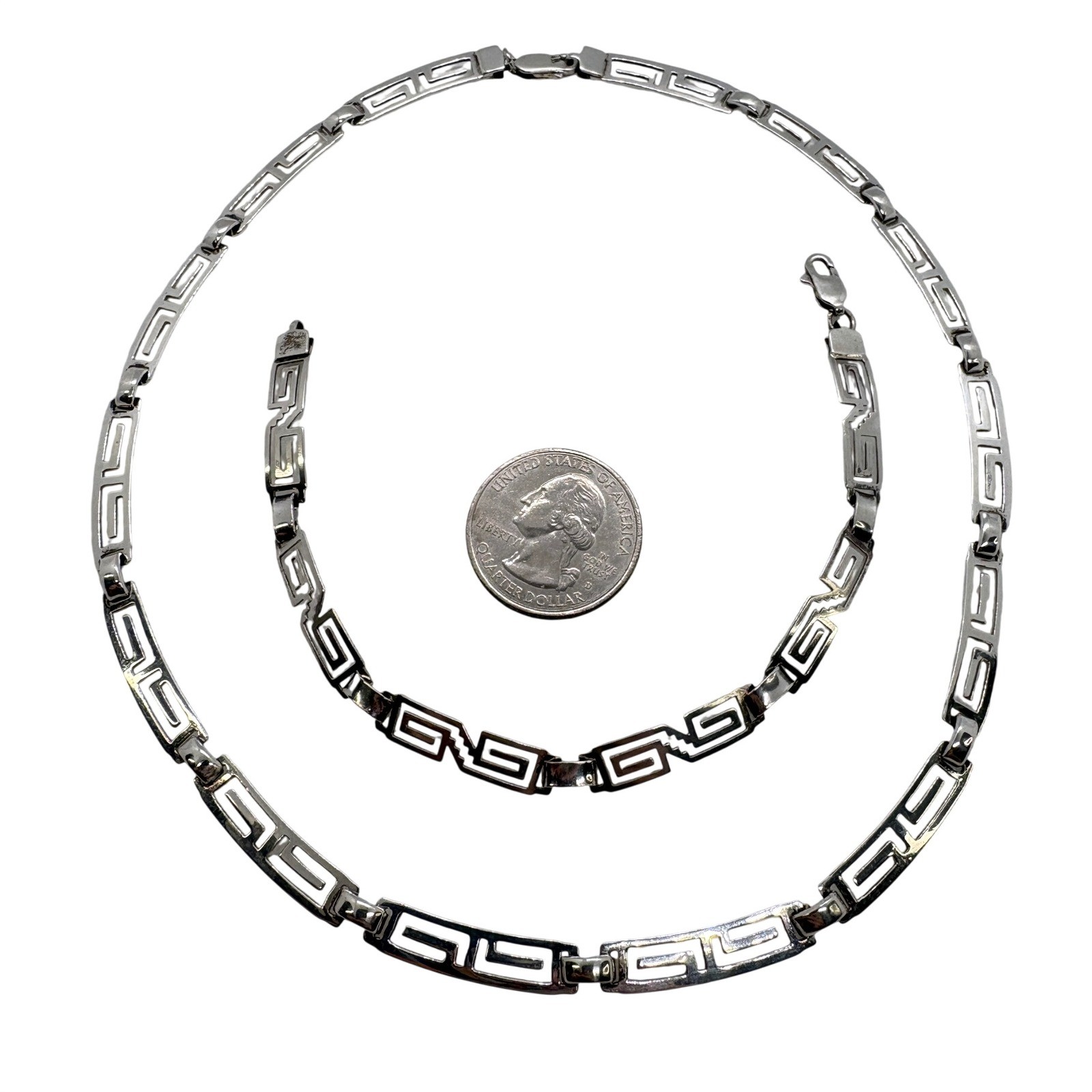 Vintage Mexico Sterling Silver Greek Key Meander Necklace Bracelet Set MR163 925