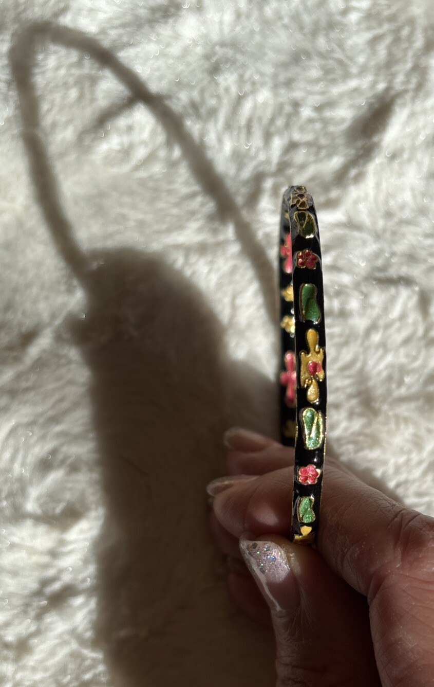 Brass (Black Yellow Red Green Enamel) Relief Flower Cloisonne Bangle Size Smal