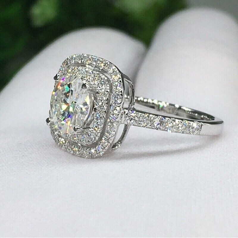 2.30CTW Round Moissanite Prong Double Halo Engagement Ring 14K White Gold Plated